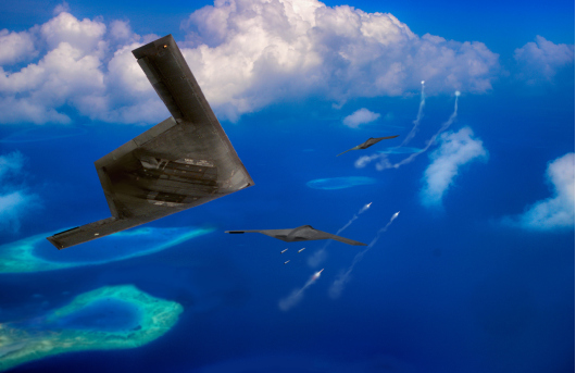 B-21“空袭者”轰炸机机群在太平洋上空发射AGM-183A空射高超声速助推滑翔导弹想象图