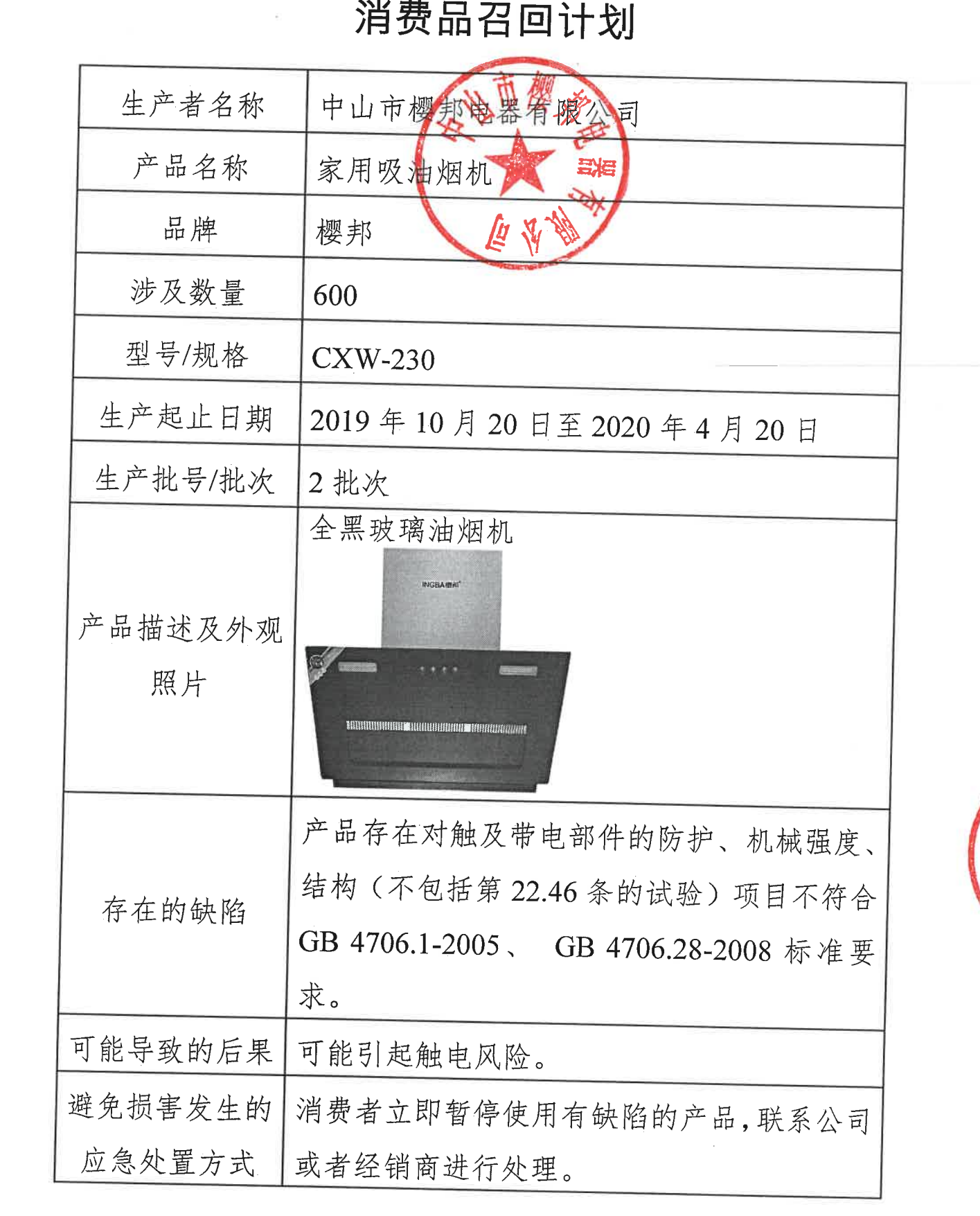 中山市樱邦电器有限公司召回部分樱邦牌家用吸油烟机。广东省市场监督管理局官网截图