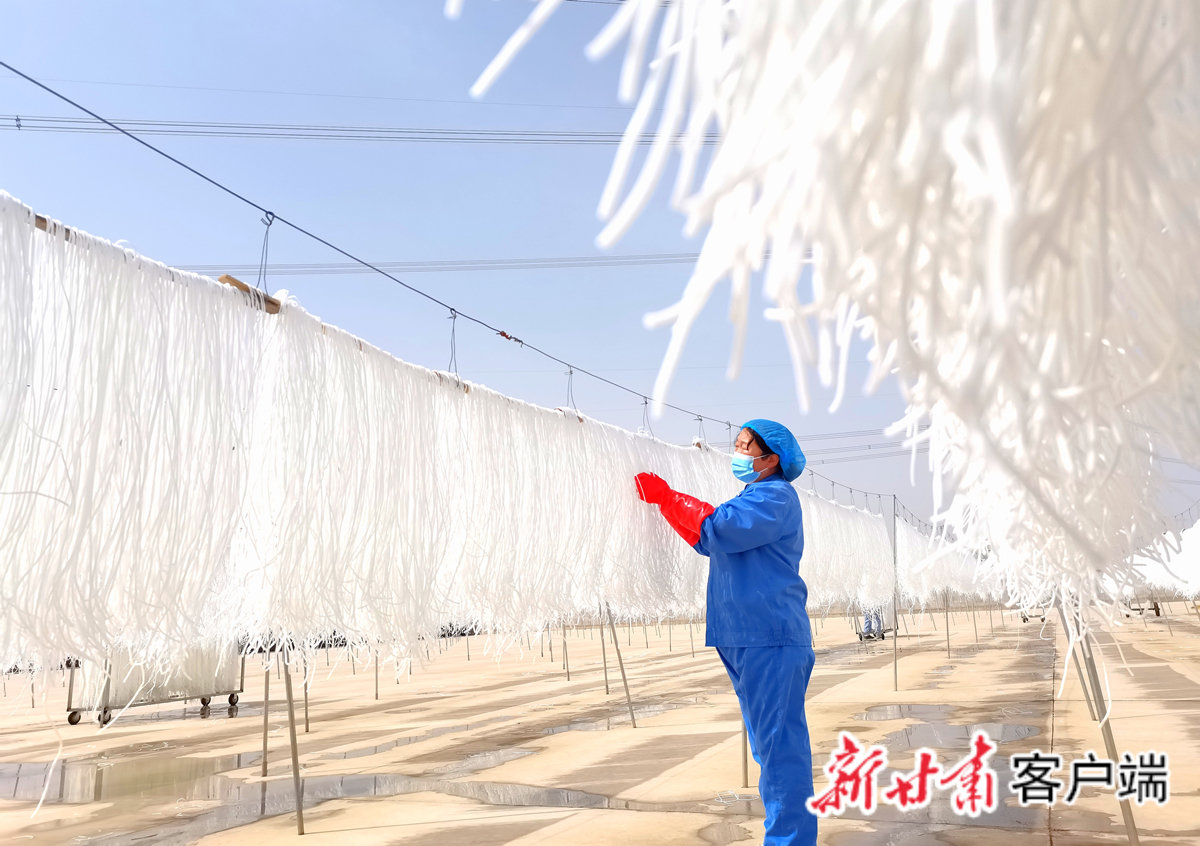 民乐县苗琳薯业有限公司的工人正在晾晒马铃薯深加工产品