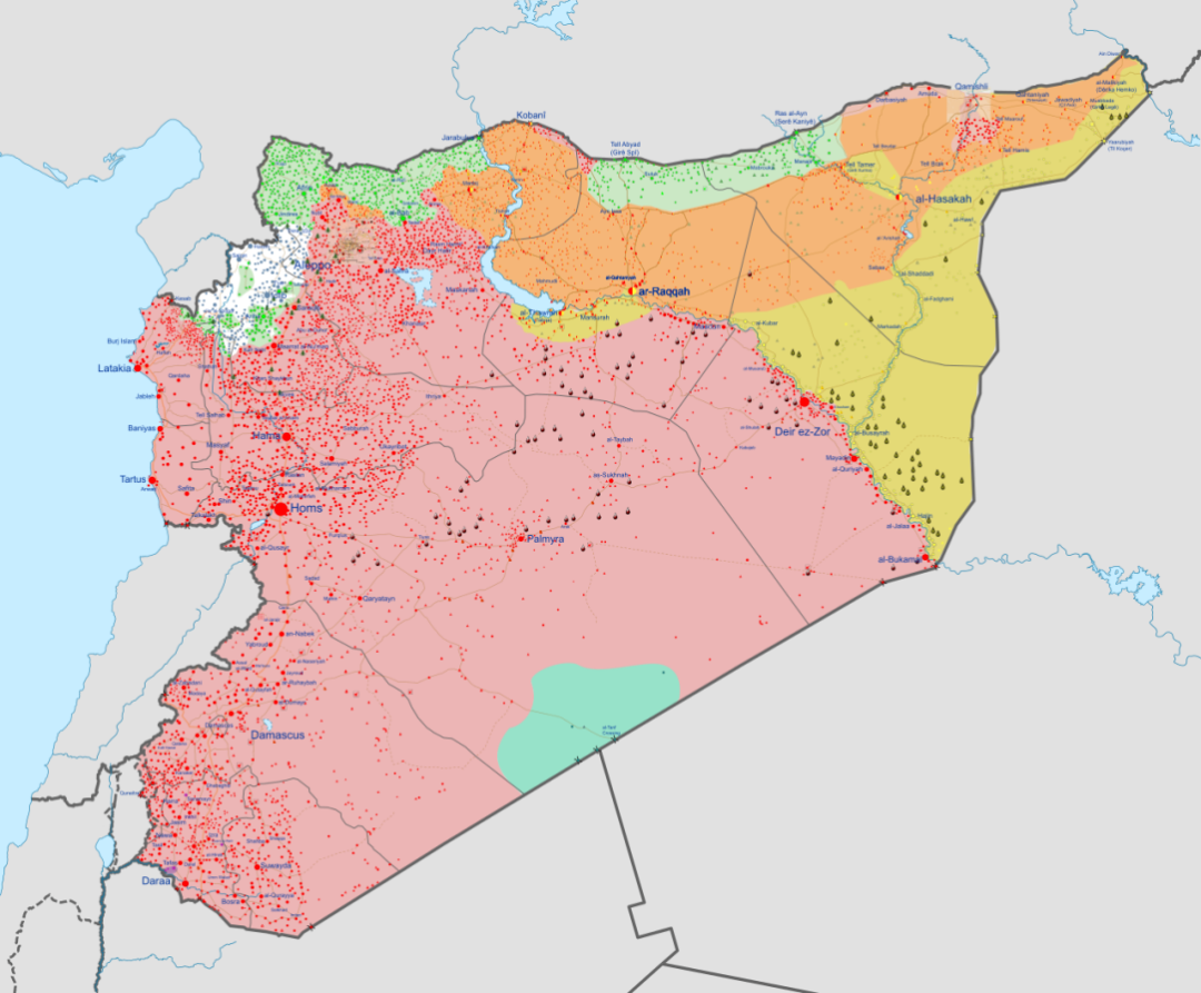 红色为叙利亚政府军控制；黄色和橙色为叙利亚“民主力量”控制，叙利亚“民主力量”在面对土耳其威胁时会将部分地盘让渡给政府军，即橙色区域；毗邻北部土耳其边境的绿色区域为叙利亚反对派控制 图：叙利亚国内形势示意图