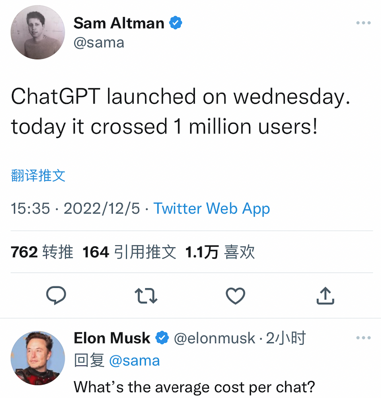 OpenAI CEO Sam Altman 宣布 ChatGPT 用户已经突破 100 万｜Twitter