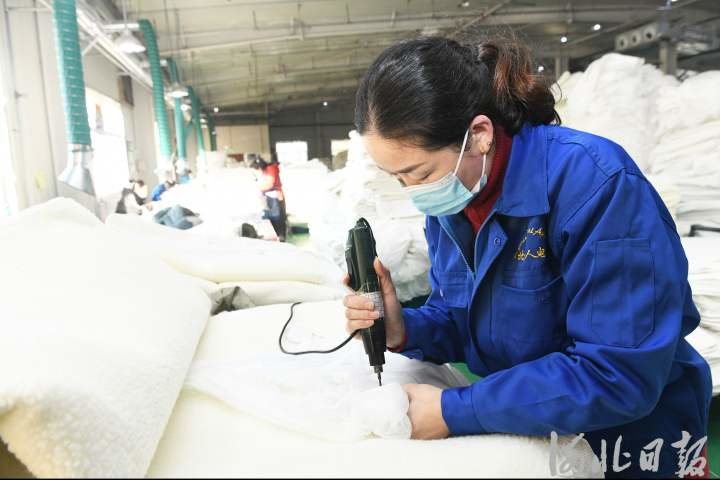12月7日，新乐市北极人电器有限公司正在加紧生产出口欧盟的电热毯。