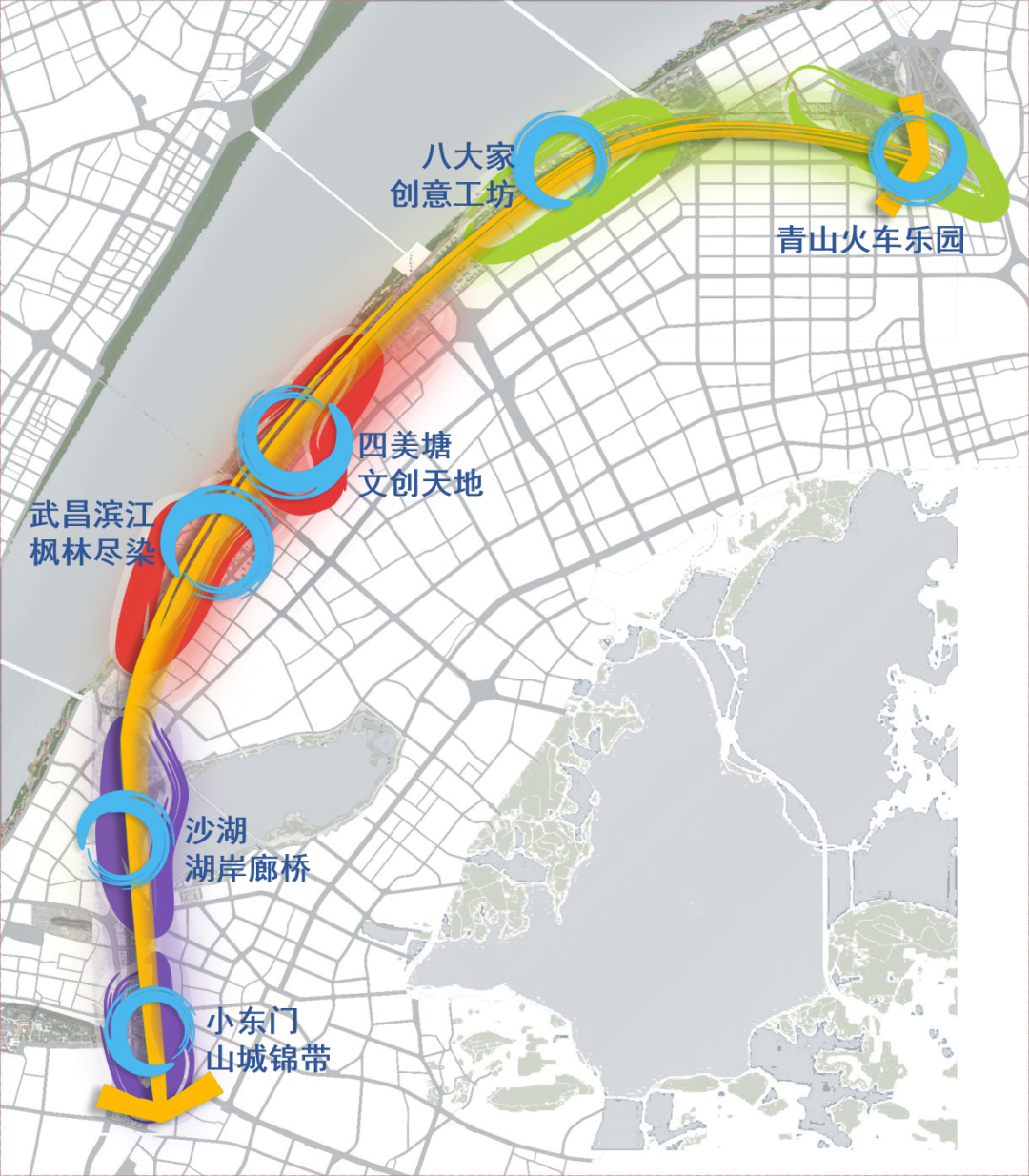 ▲武昌生态文化长廊六大区段规划结构图
