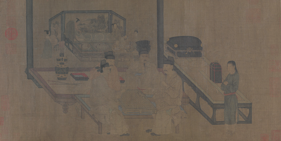 《重屏会棋图》卷，五代，周文矩绘。图中描绘的是五代南唐中主李璟的宫廷行乐生活。
