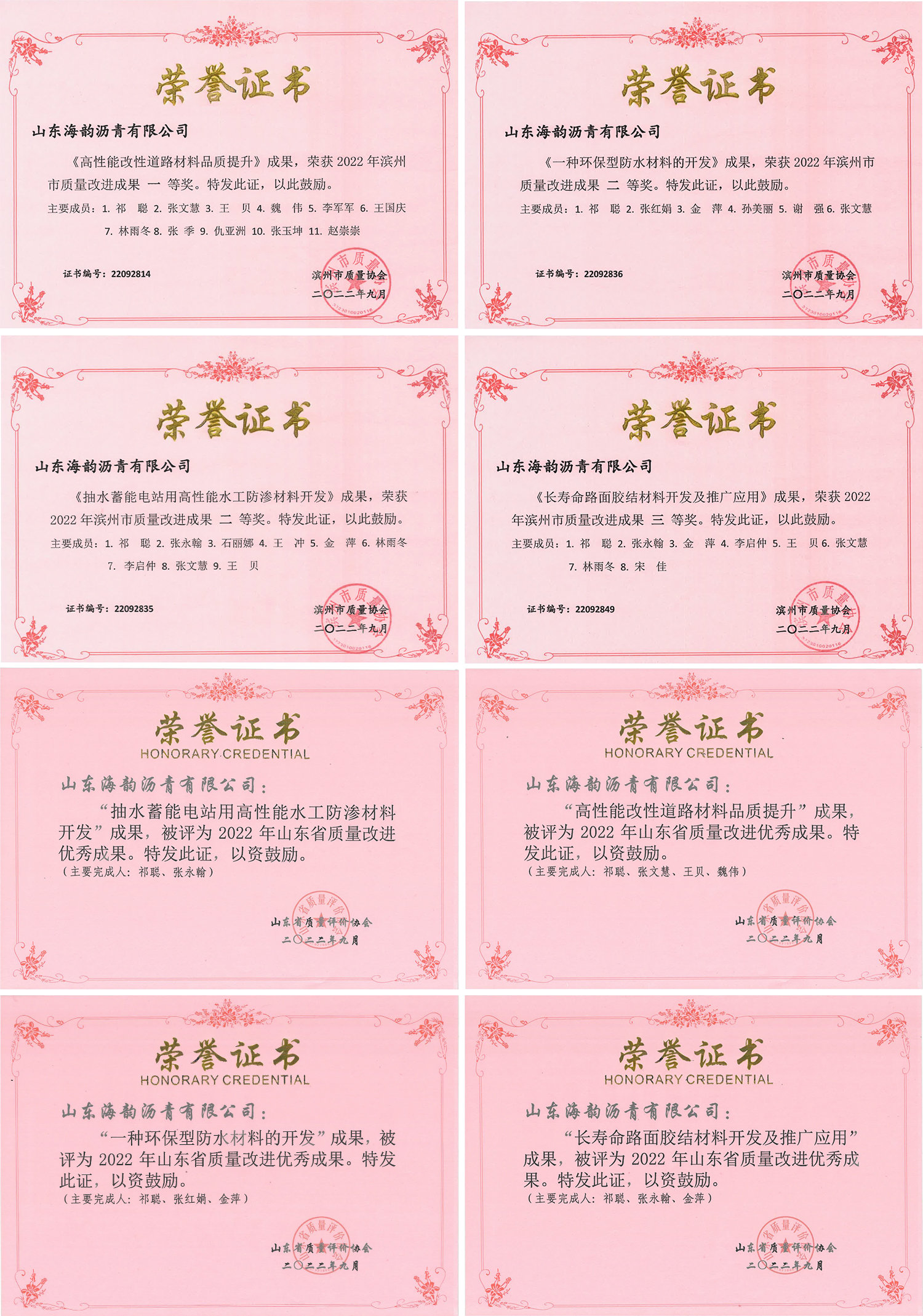 重磅！海韵沥青多项成果荣获2022年省、市质量成果改进奖