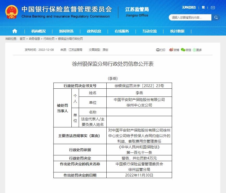 罚款57万！平安财产保险徐州中心支公司遭处罚