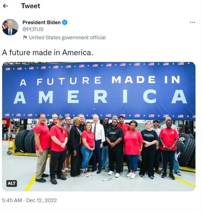 拜登推文截图：“一个美国创造的未来。”