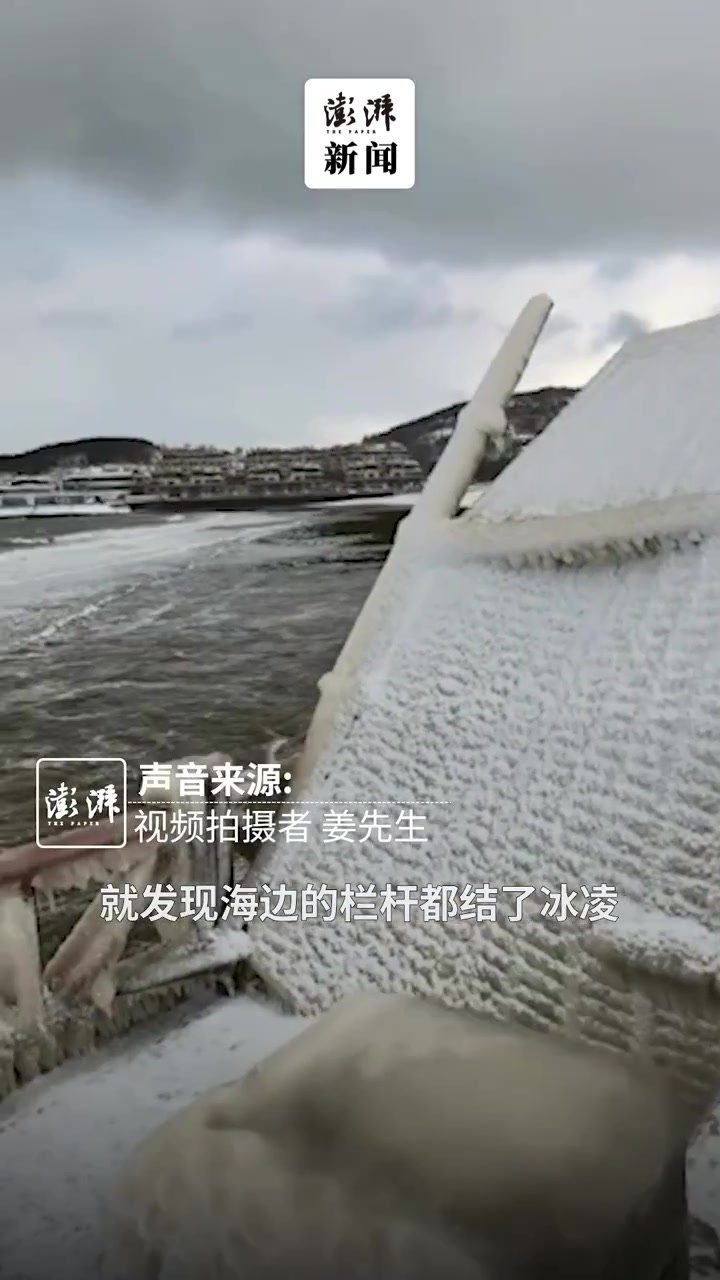 “冰河世纪”！雪后威海海边的栏杆上结满冰凌