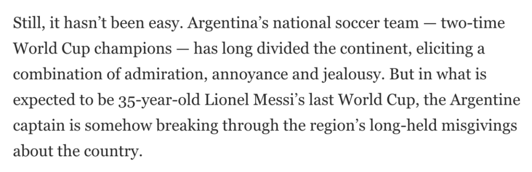《华盛顿邮报》文章指出，阿根廷队队长梅西打破了南美多国对阿根廷的疑虑。图自https://www.washingtonpost.com/sports/2022/12/18/messi-latin-america-world-cup/
