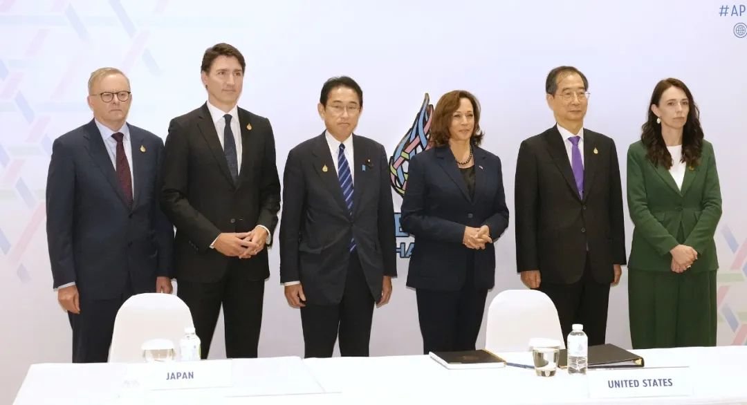 ▎当地时间2022年11月18日，泰国曼谷，（从左至右）澳大利亚总理安东尼&middot;阿尔巴尼斯、加拿大总理贾斯廷&middot;特鲁多、日本首相岸田文雄、美国副总统卡玛拉&middot;哈里斯、韩国总理韩德洙和新西兰总理杰辛达&middot;阿德恩出席APEC会议。
