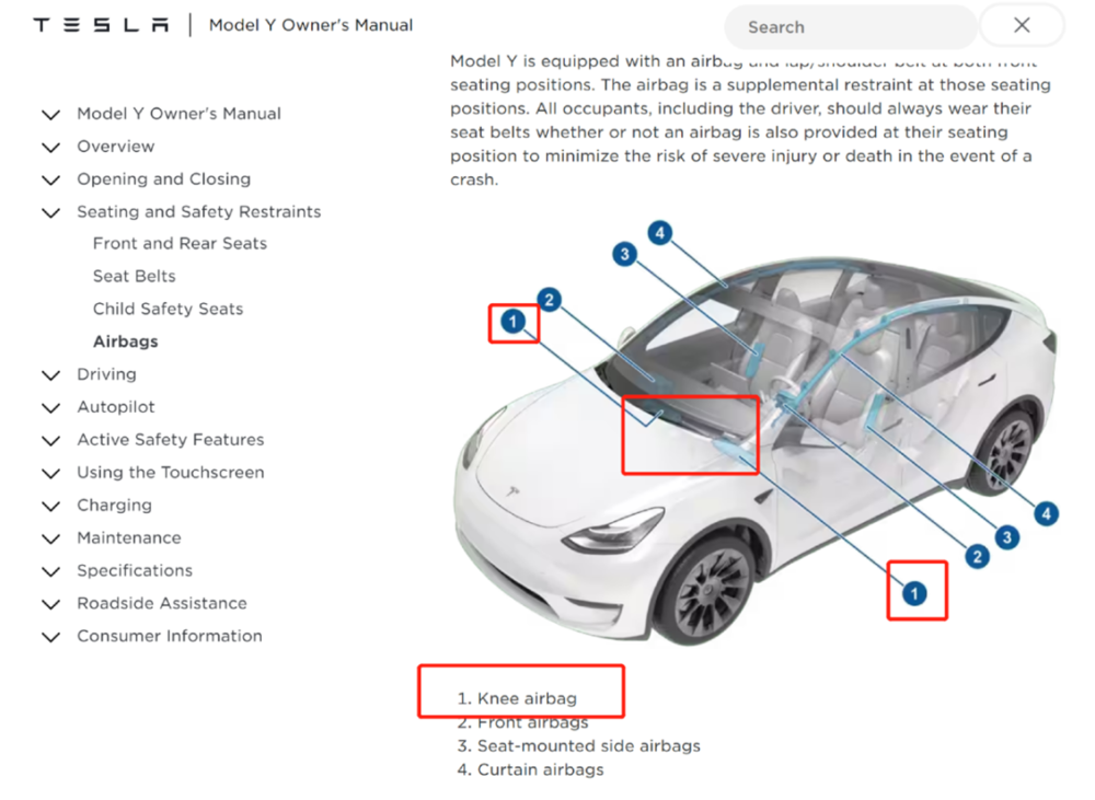 美版Model Y独有的膝部气囊