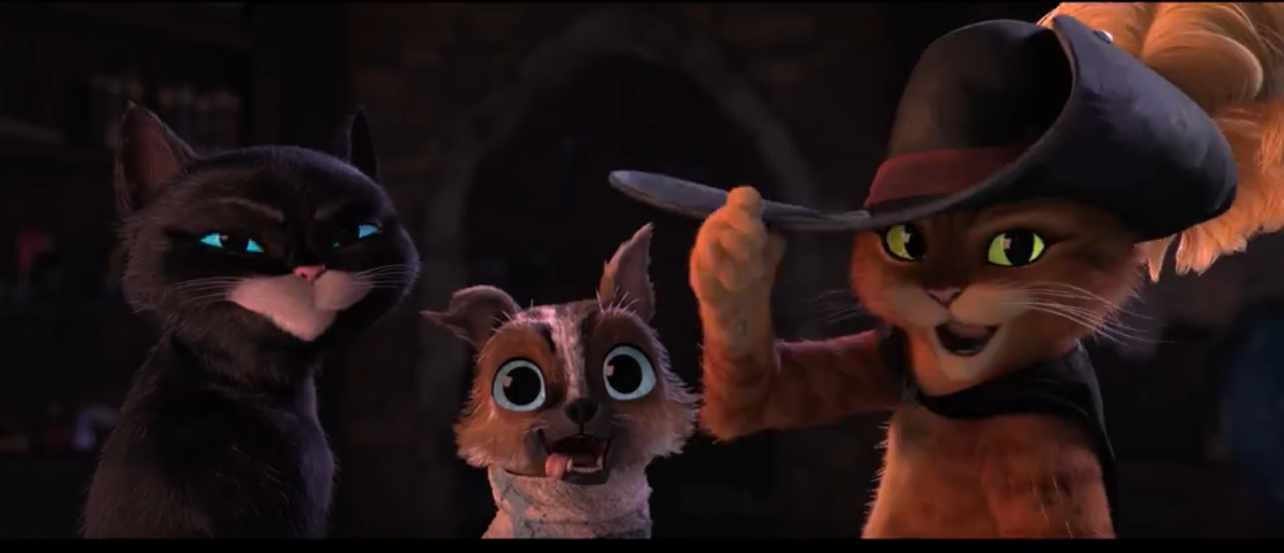 《穿靴子的猫2》剧照。从左至右： 软爪吉蒂、佩里多和靴猫。