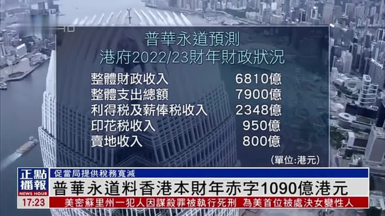 普华永道料香港2023财年将录得1090亿港元财政赤字