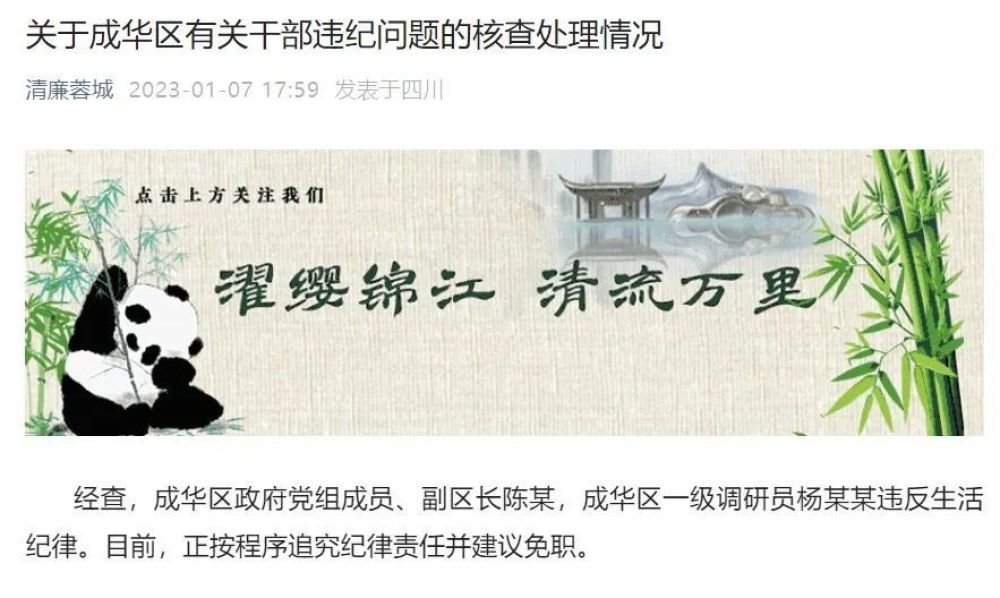 央媒评成都副区长违反生活纪律被处理:官员私生活不全是“私事”