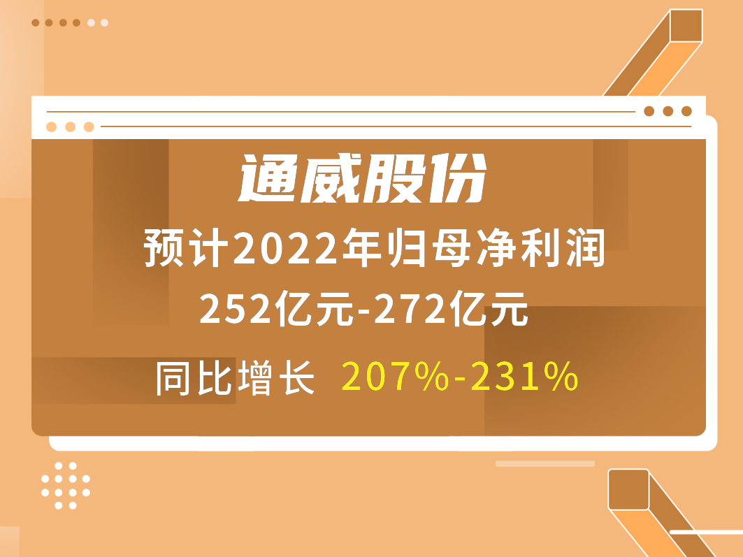 通威股份预计2022年归母净利润252亿元-272亿元，同比增长207%-231%