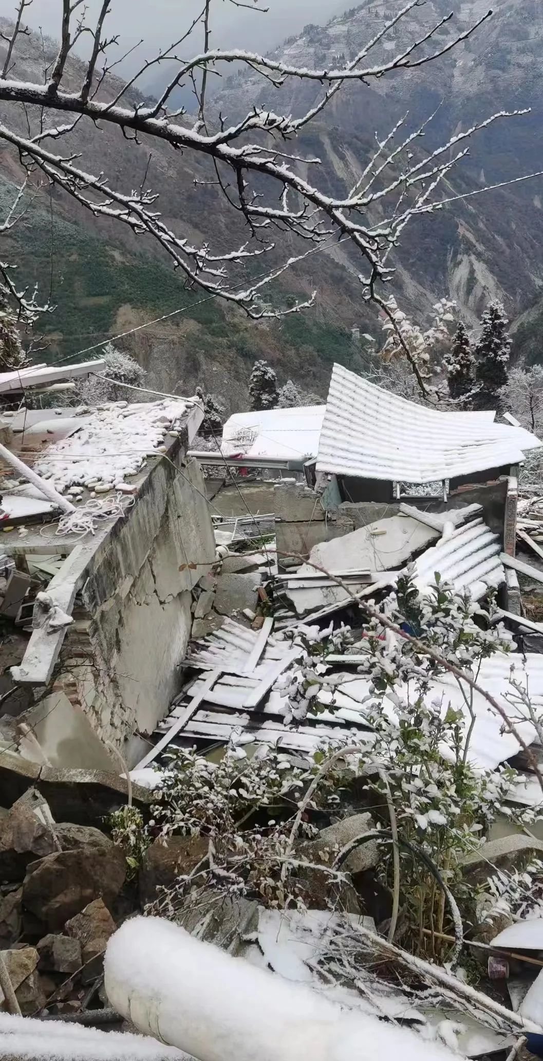 湾东村废墟上落满了雪