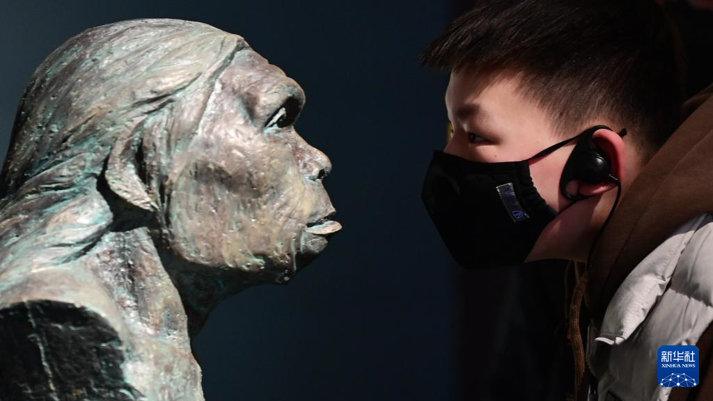 1月25日,在陕西考古博物馆,一位小游客凝视蓝田人复原像.