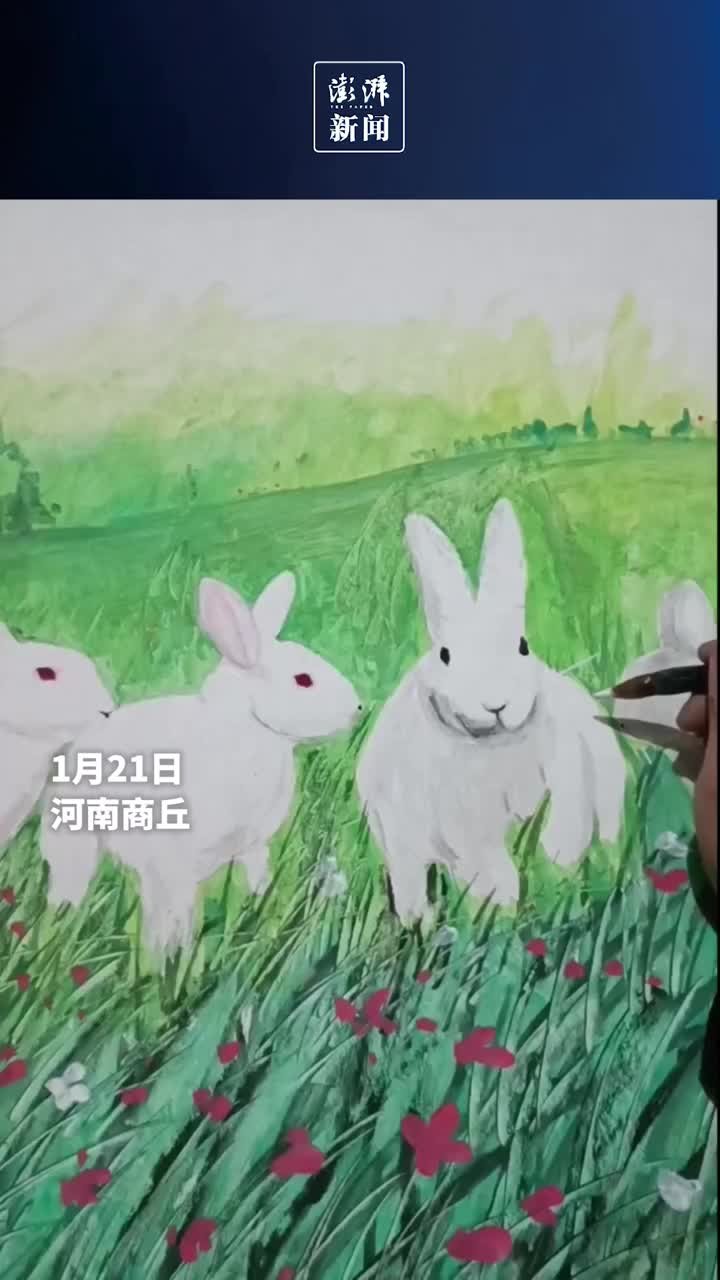 81岁老人除夕夜画白兔图：祝愿四季平安