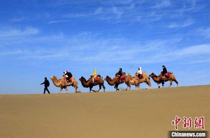 1月27日，游客骑骆驼畅游敦煌鸣沙山。　魏佳秀 摄
