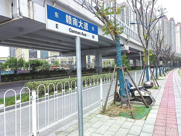 道路北侧树立的路牌叫赣南大道。