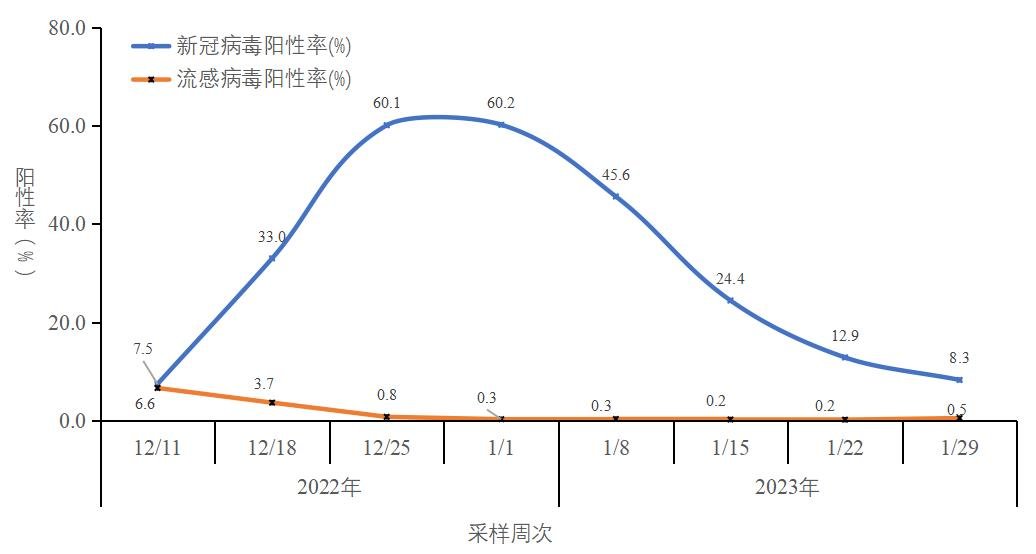 图2-5 全国哨点医院流感样病例新冠和流感病毒阳性率变化趋势
