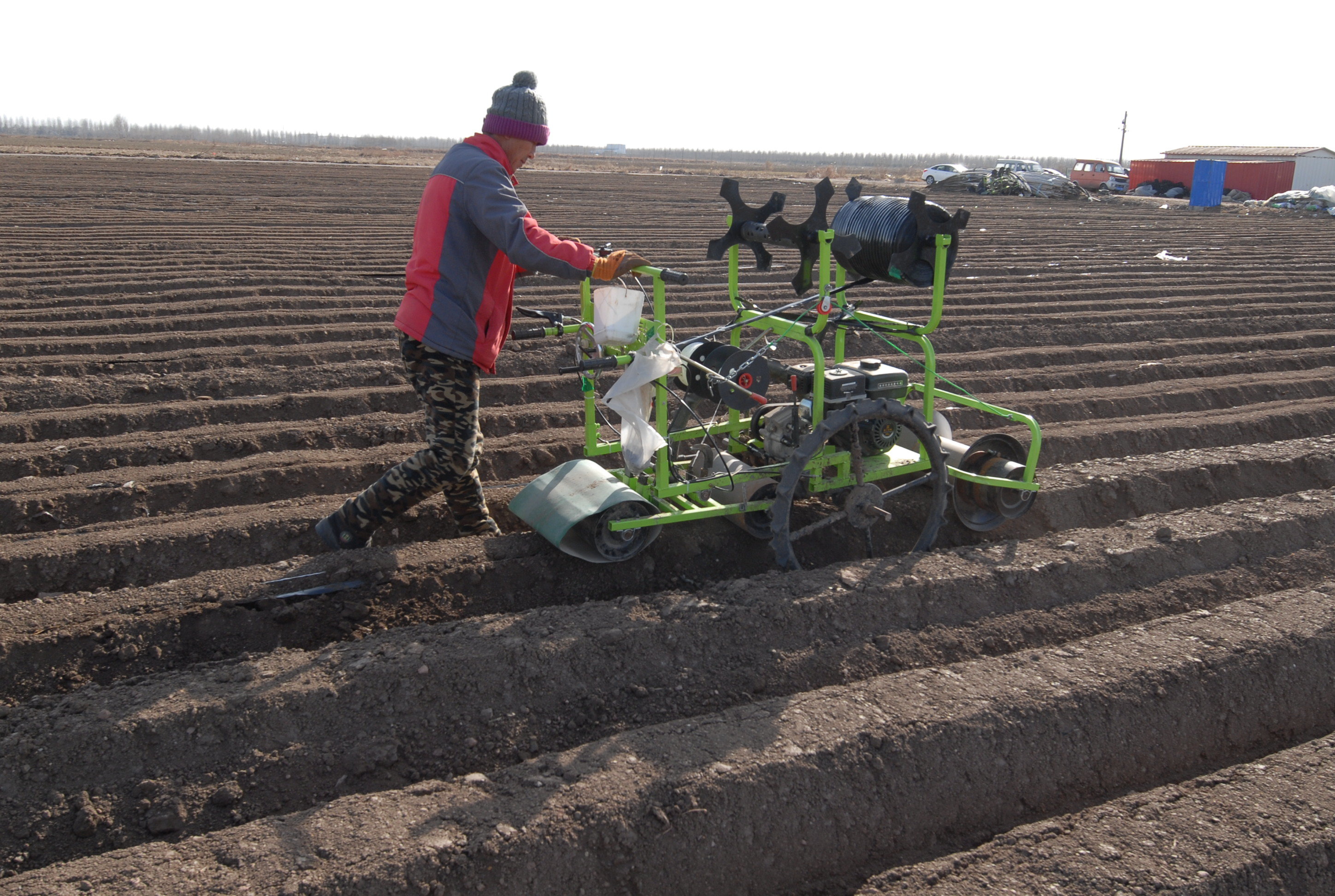 2月1日，山东省青岛市即墨区段泊岚镇毛家岭村农民在用萝卜一体化播种机耕地播种。