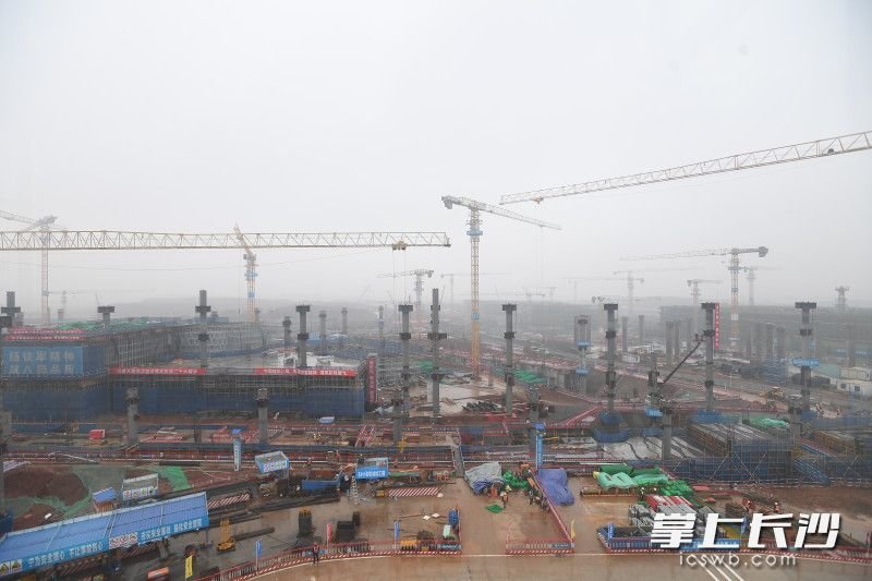 中建八局长沙机场改扩建工程T3航站楼项目现场，19台塔吊不断旋转，将材料精准运送到各作业点，T3航站楼工程迎来全面复工。 图片均为长沙晚报全媒体记者 王志伟 摄