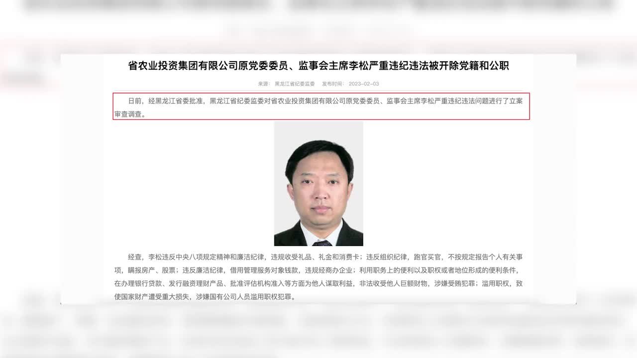 黑龙江省农业投资集团有限公司原党委委员李松被“双开”