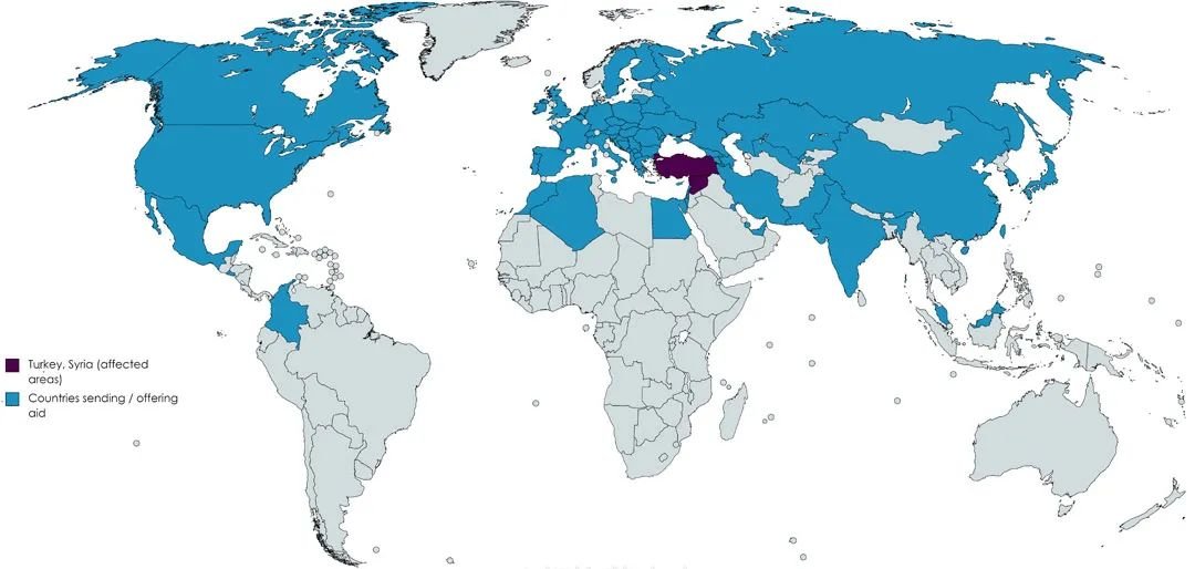 ▎已宣布为土耳其和叙利亚提供援助的国家(蓝色)
