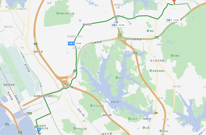 从固戍海边到石岩,路程20公里,但周围有11个废铁打包厂(图源:高德地图)