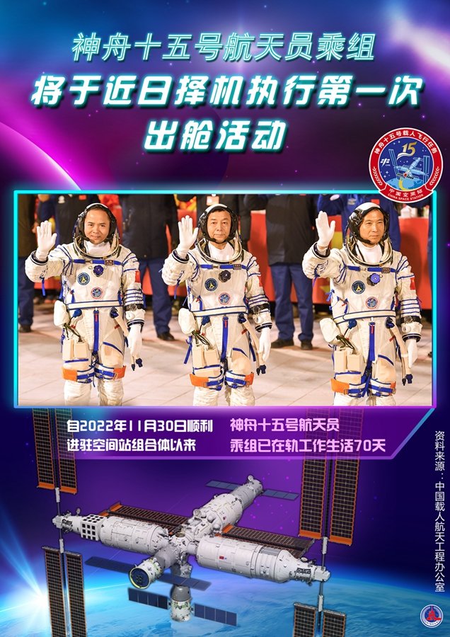 海报:神舟十五号航天员乘组将于近日择机执行第一次出舱活动 新华社发 孟丽静 刘磊 编制。