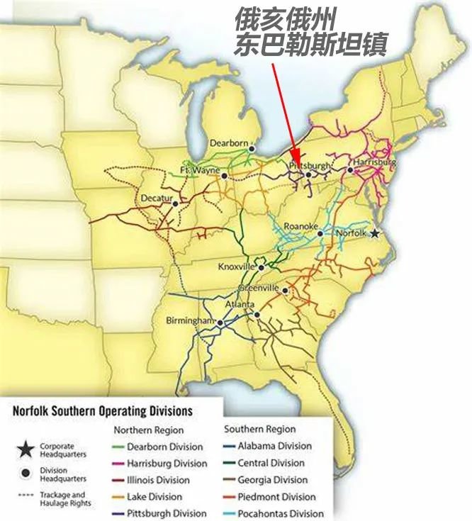 ▎箭头所指就是事发地点,接近宾州西部的大城市,铁路枢纽匹兹堡