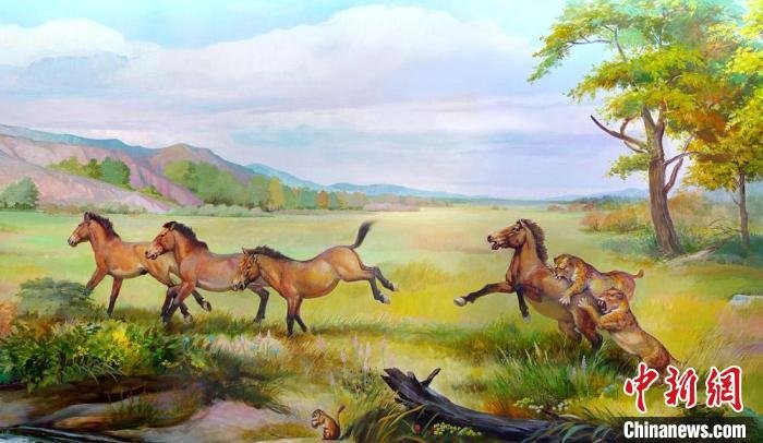 临夏盆地早更新世真马动物群生态复原图。　李荣山 绘制 摄