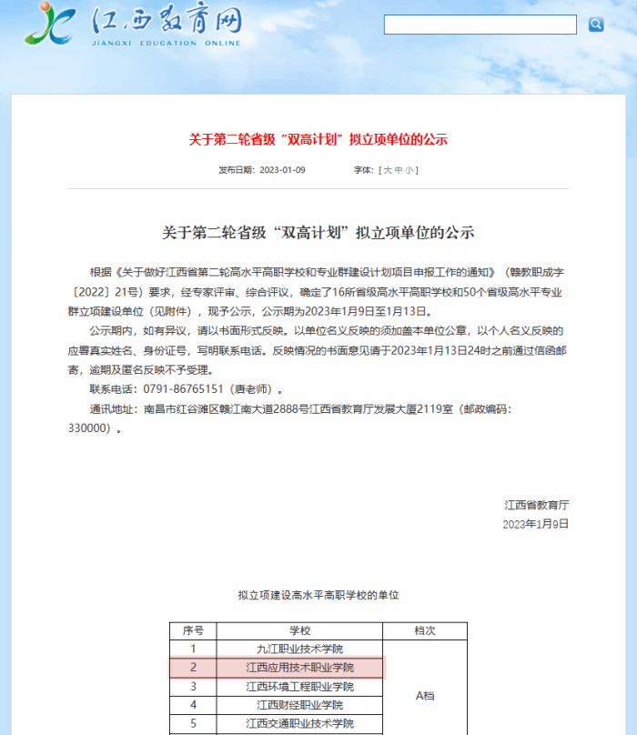 A档！江西应用技术职业学院入选第二轮省级“双高计划”拟立项单位