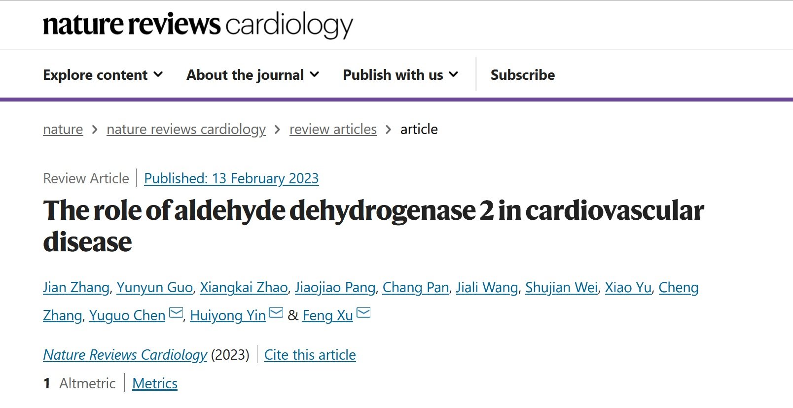 陈玉国/徐峰团队在Nature子刊发表重磅综述：乙醛脱氢酶2与心血管疾病