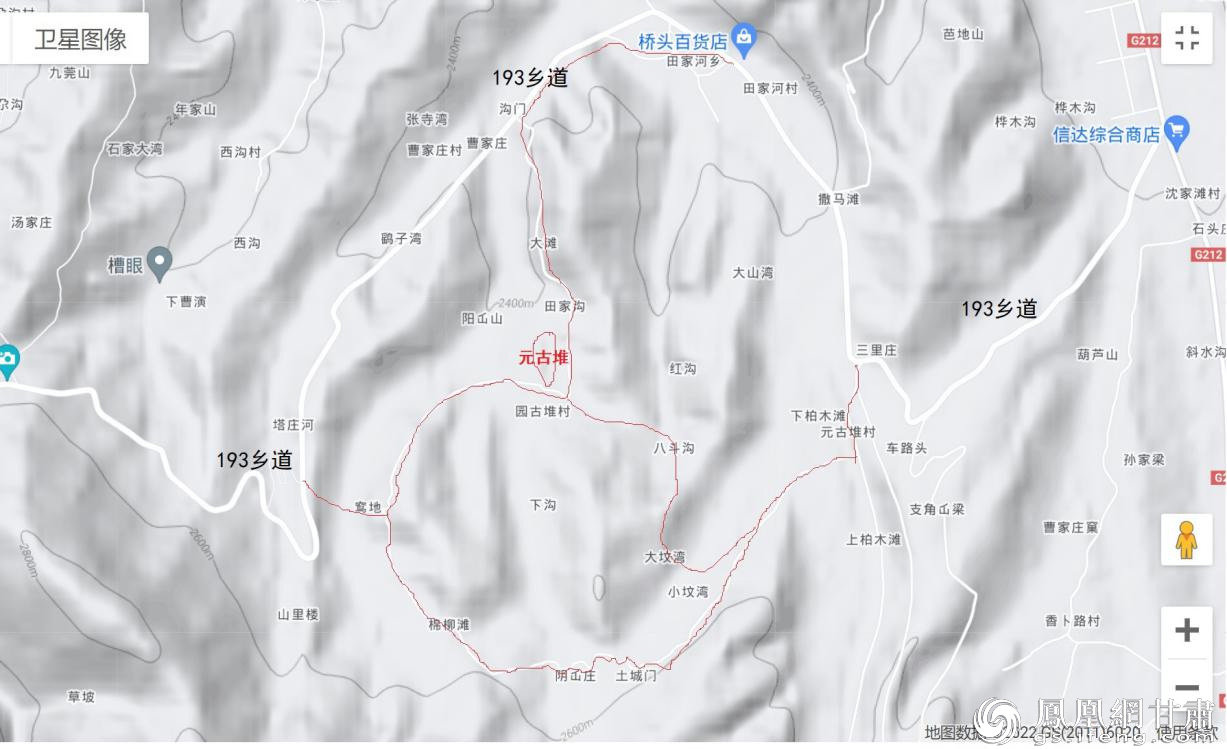 元（圆）古堆村周边地形海拔等高线图及可能古代道路（红线）