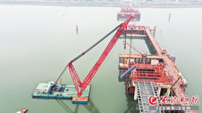2月20日,暮坪湘江特大桥主桥首片钢梁顺利完成吊装。 图片均为长沙晚报全媒体记者 王志伟 通讯员 慕强 摄