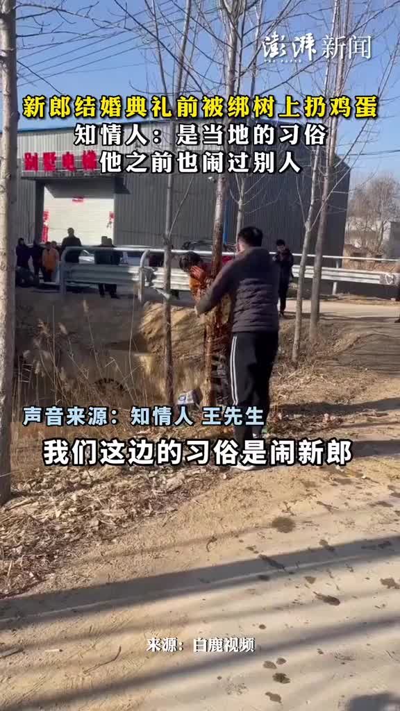 新郎结婚典礼前被绑树上扔鸡蛋，知情人：当地的习俗