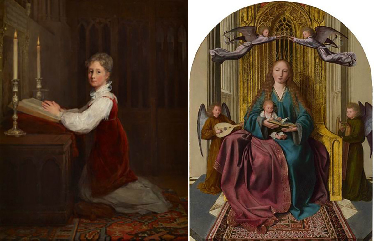 左：威尔基爵士《跪在祈祷台前的年轻女人》；右：马西斯《宝座上的圣母子和四天使》