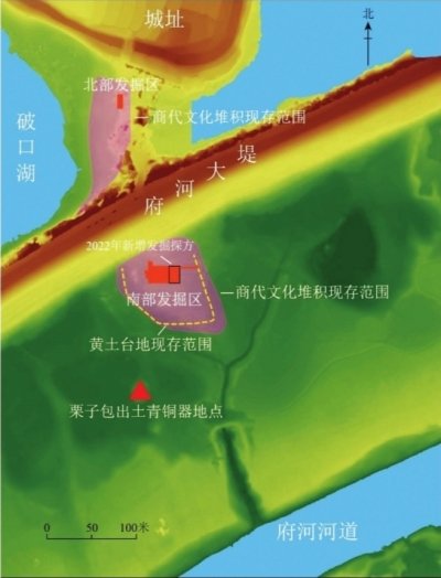 ▲盘龙城王家嘴地点勘探所见商代遗存分布和黄土台地范围。
