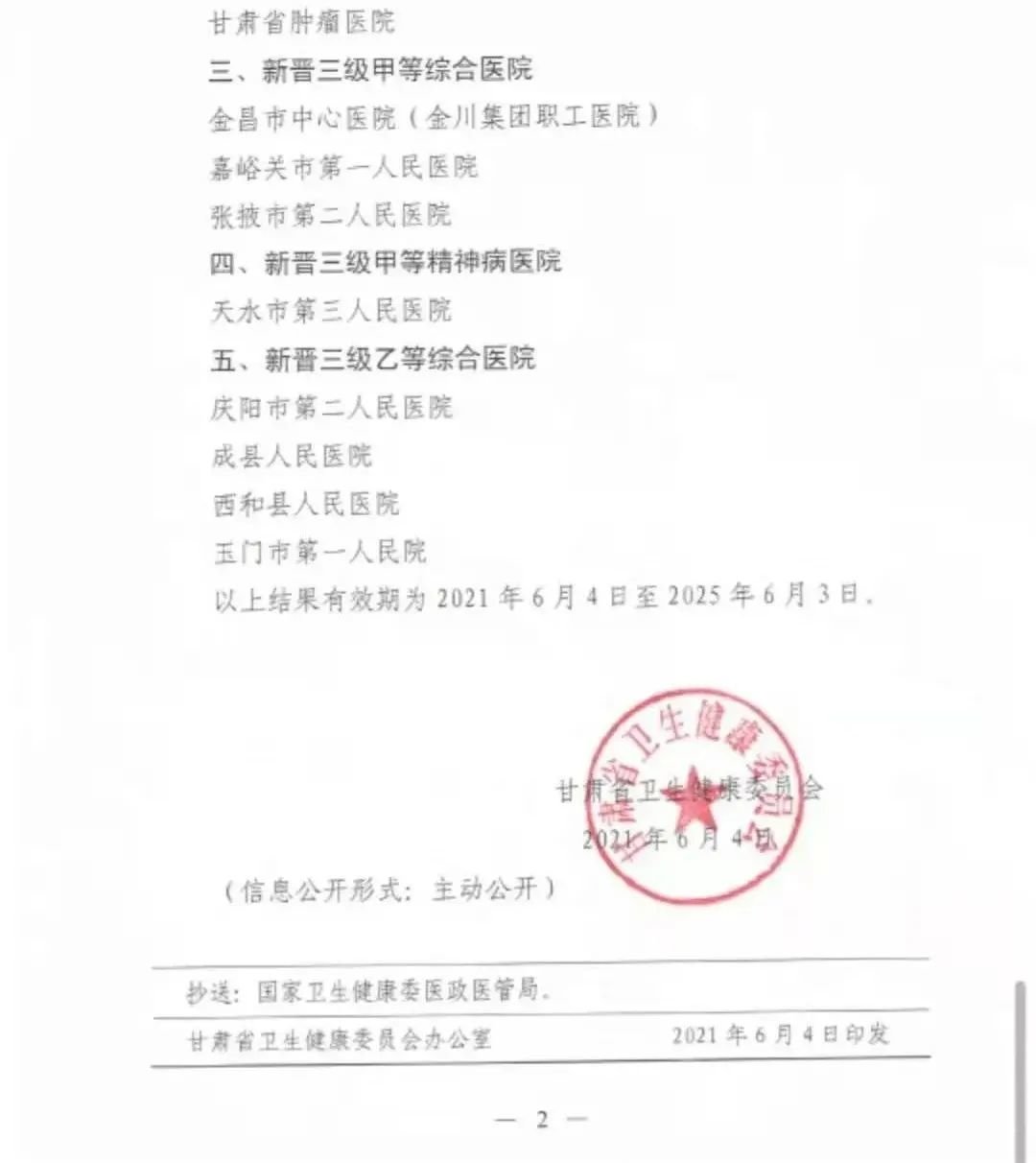 △2021年6月4日，金昌市中心医院（金川集团公司职工医院）正式晋升为国家三级甲等综合医院。