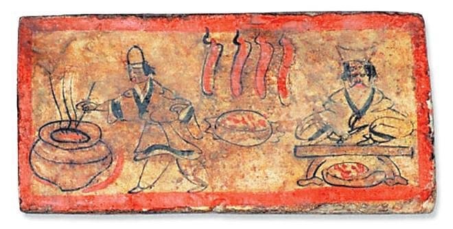 以上四幅图均为河西地区出土的魏晋墓砖画，体现了魏晋南北朝时期人们的生活习俗。本版图片均为资料图