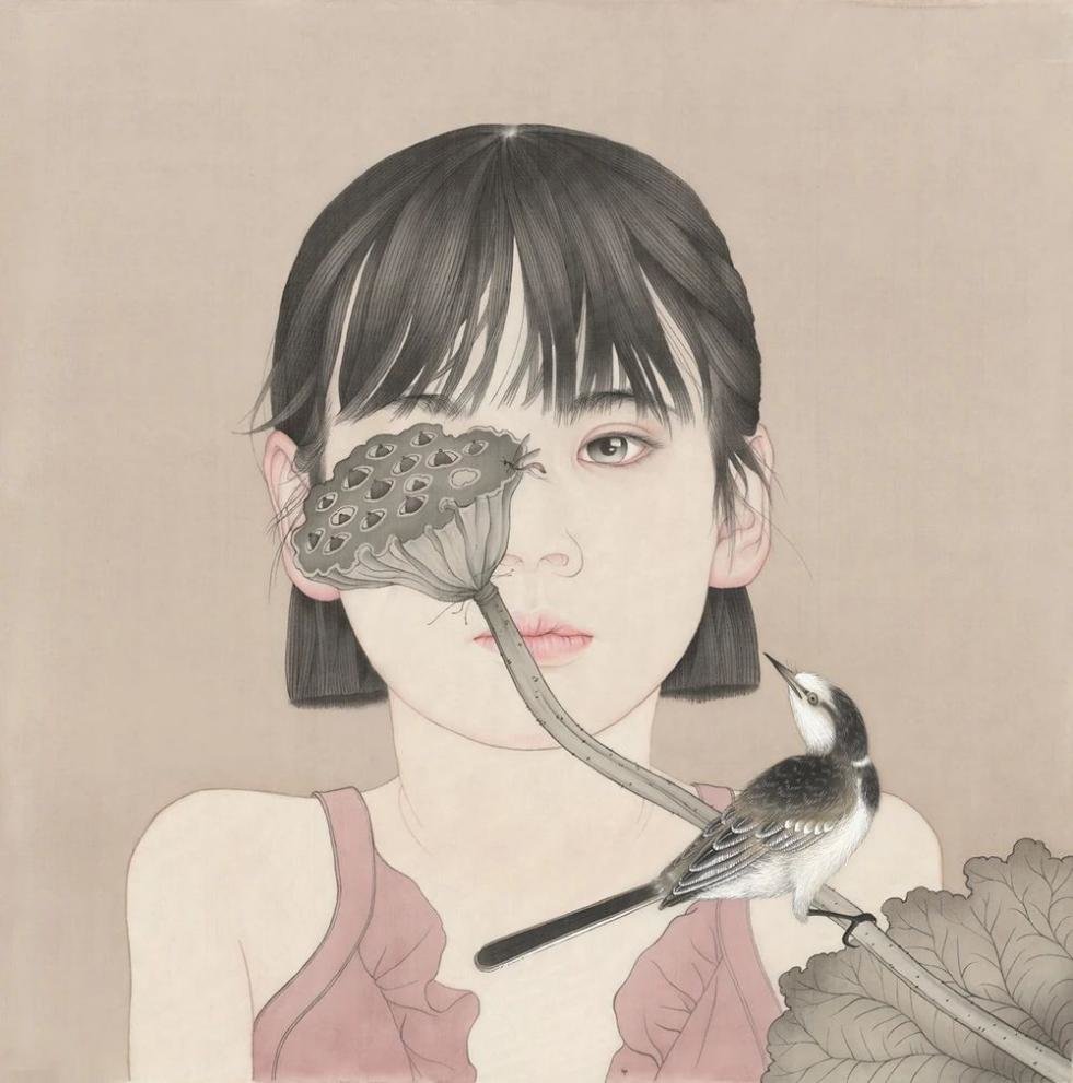 鞠瑶 · 莲子 · 2022 · 绢本设色 · 40×40