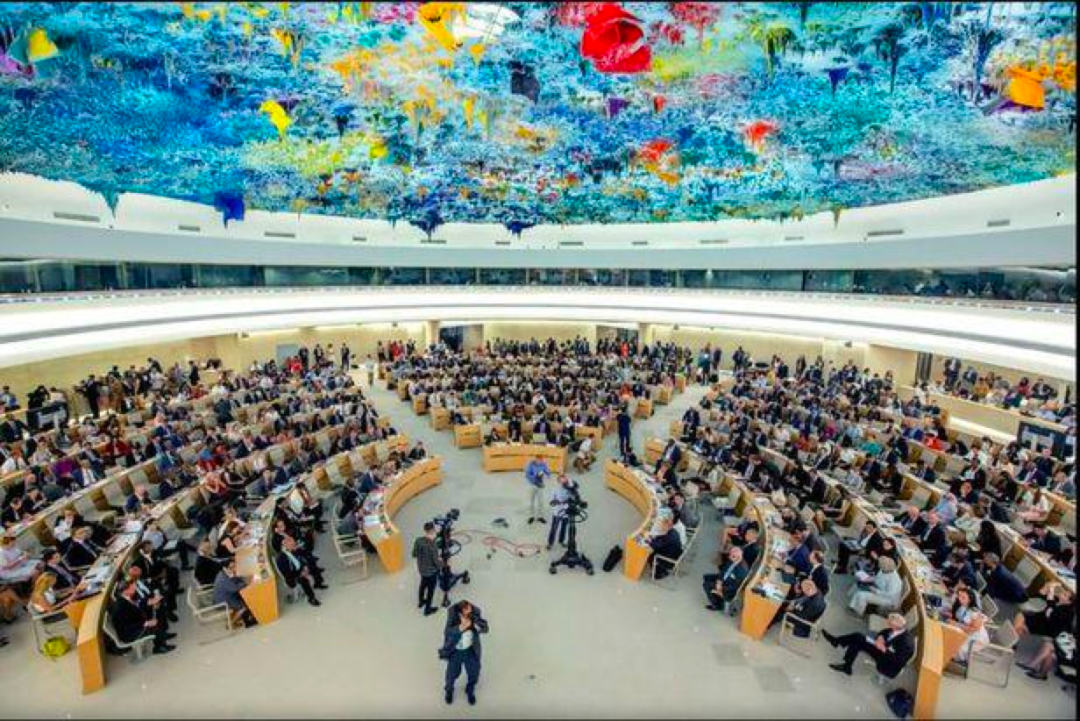 在瑞士日内瓦召开的联合国人权理事会会议场景。