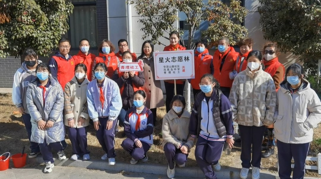 初中学子和大学生志愿者们联手植树