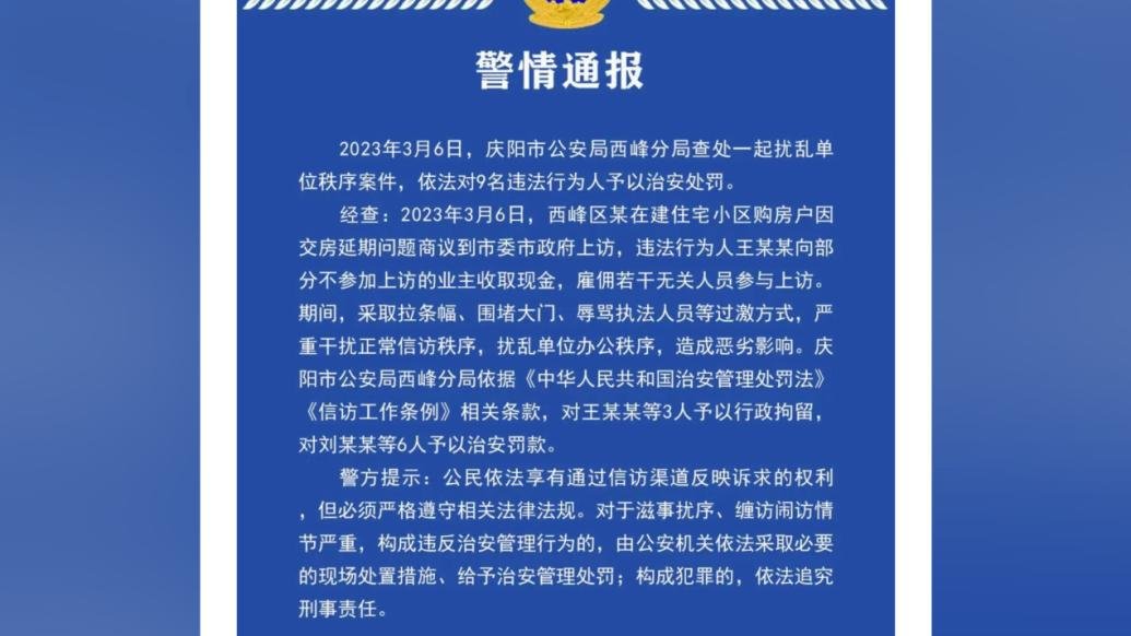 雇佣无关人员就延期交房问题上访，共9人被处罚