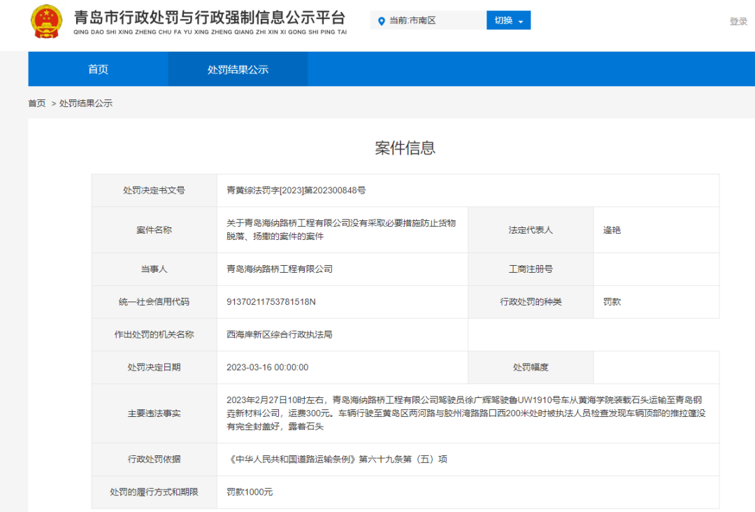 cq9电子官方网站一年内被罚11次青岛海纳路桥再触羁系红线(图1)