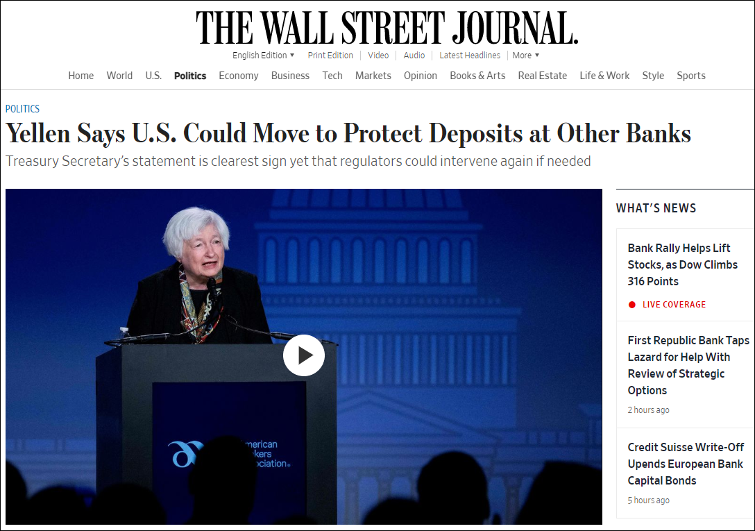 耶伦释放明确信号：美国监管机构必要时将再次干预，保护其他银行存款_凤凰网