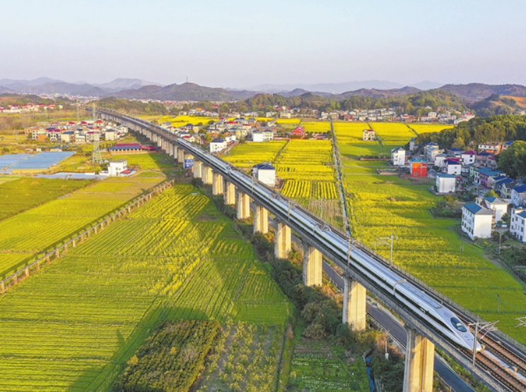 高铁使过田野乡村 同构一幅乡村画卷