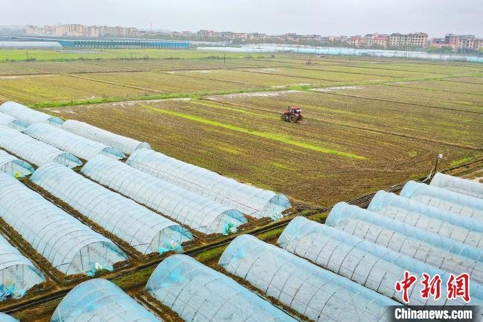 图为航拍江西上高县的广袤田野，农机正在翻耕土地，留下了一道“春日印记”。　陈旗海 摄